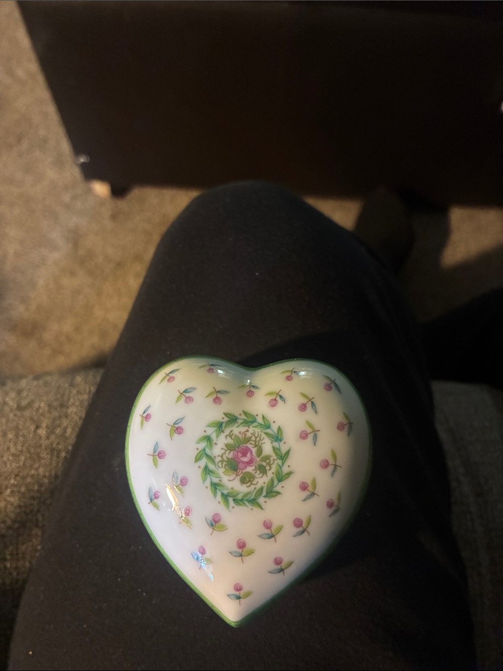 Heart-Shaped Porcelain Trinket Box with Pink Rose and Green Wreath